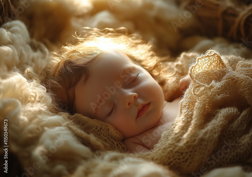 Photograph of an adorable baby sleeping in soft, golden light, wrapped up in warm blankets. The gentle rays cast intricate patterns on the tiny face and hair, creating a dreamy atmosphere.