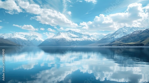 Tranquil lake reflecting snow-capped mountains