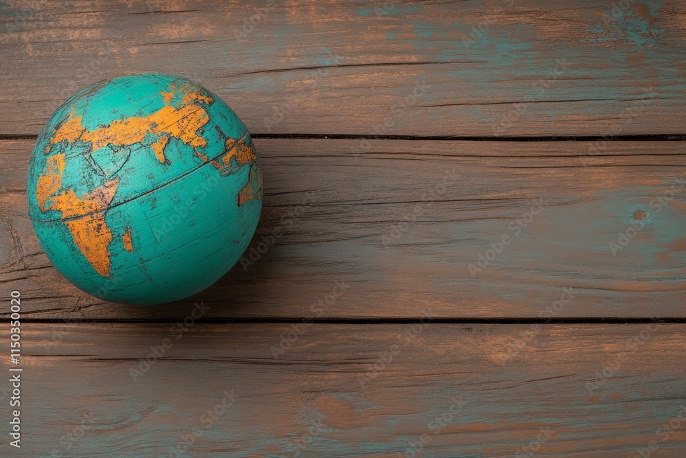A rustic world globe with textured oceans and raised continents, resting on a vintage wooden base A rustic world globe with textured oceans and raised continents, resting on a vintage wooden base
