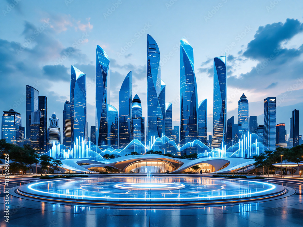 Fototapeta premium Futuristic cityscape with skyscrapers reflecting in water at dusk, showcasing advanced technology.