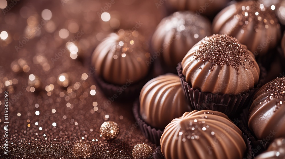 A close-up of elegant chocolate confections adorned with shimmering decorations, set against a rich, textured background. A close-up of elegant chocolate confections adorned with shimmering decorations, set against a rich, textured background.