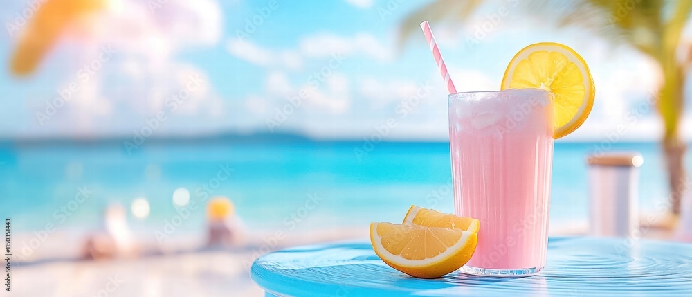 Refreshing pink lemonade in a glass with lemon slices on a sunny beach, blue ocean in the background.