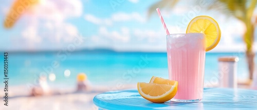 Obraz na płótnie Refreshing pink lemonade in a glass with lemon slices on a sunny beach, blue ocean in the background. w salonie