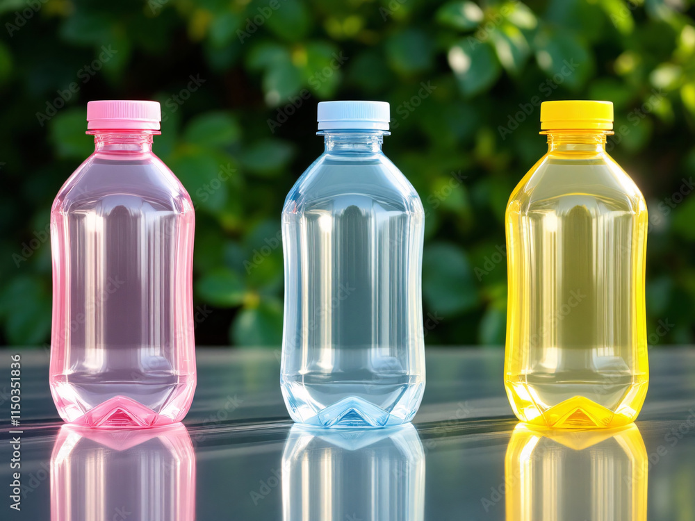 Plastic bottles with water on reflective surface with green background. Plastic bottles with water on reflective surface with green background.