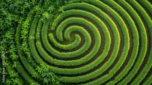 Aerial View of Spiral Rice Terraces in Lush Green Landscape