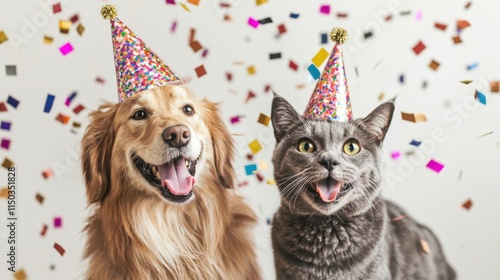 Happy dog and cat together celebrating New Year's Eve wearing party hats with confetti falling. Website header with room 