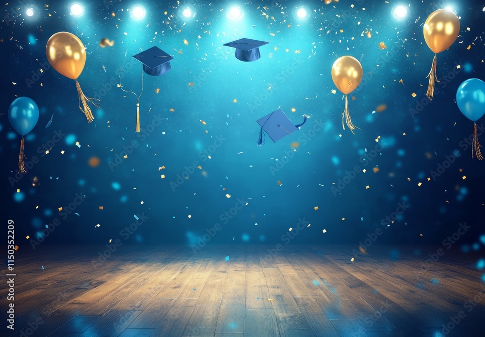 Fototapeta premium Celebration of Graduation With Colorful Balloons and Caps Floating Against a Blue Backdrop Illuminated by Stage Lights