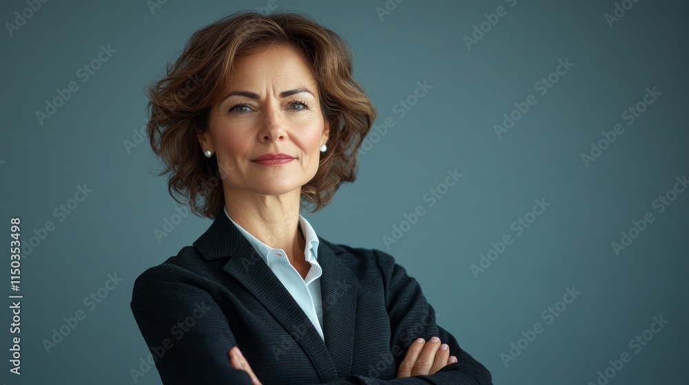 A middle-aged woman dressed in business attire stands confidently with her arms crossed. Her expression conveys determination and professionalism against a gray-blue background. A middle-aged woman dressed in business attire stands confidently with her arms crossed. Her expression conveys determination and professionalism against a gray-blue background.