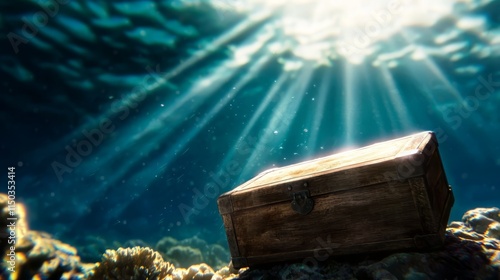 A wooden chest sitting on top of a rock in the ocean photo