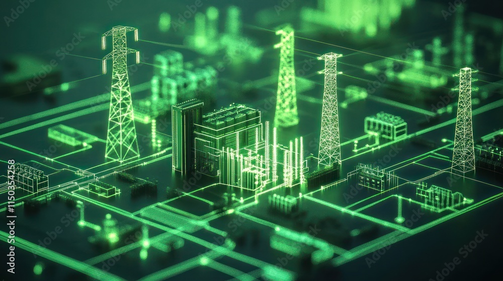 Obraz premium Green digital rendering of power plant and transmission lines.