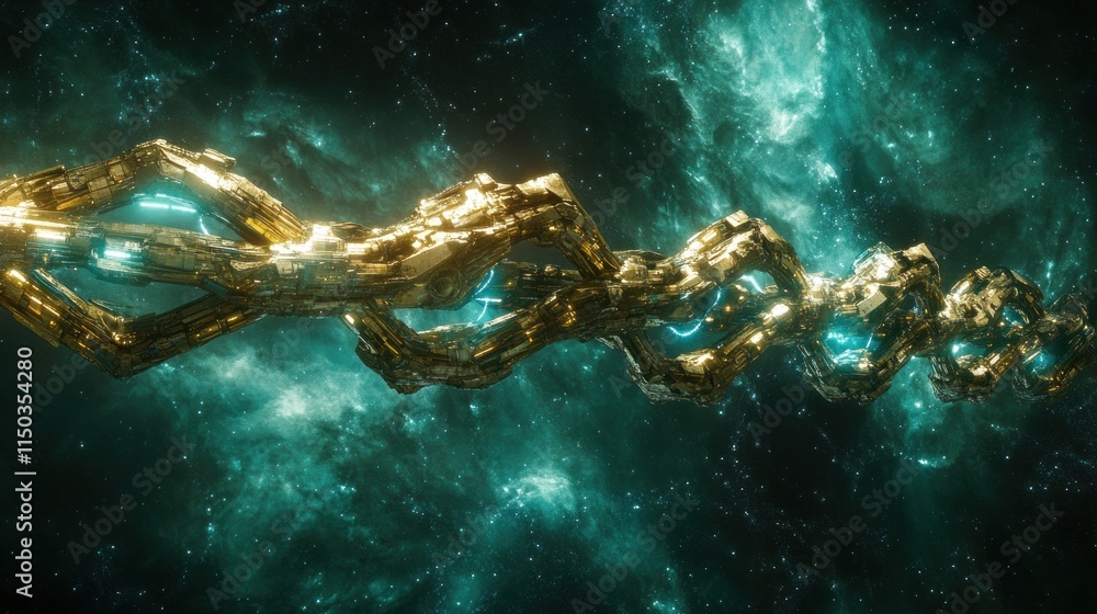 Obraz premium Golden cosmic chain energy nexus in nebula.