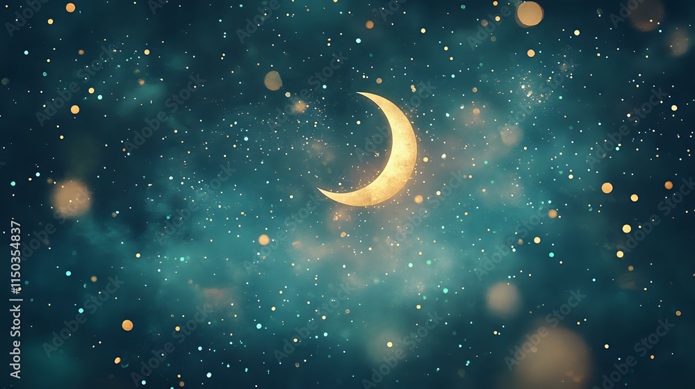Naklejka premium Abstract enchanted night sky background with glowing crescent moon, shimmering stars and soft bokeh patterns creating a mystical ambiance