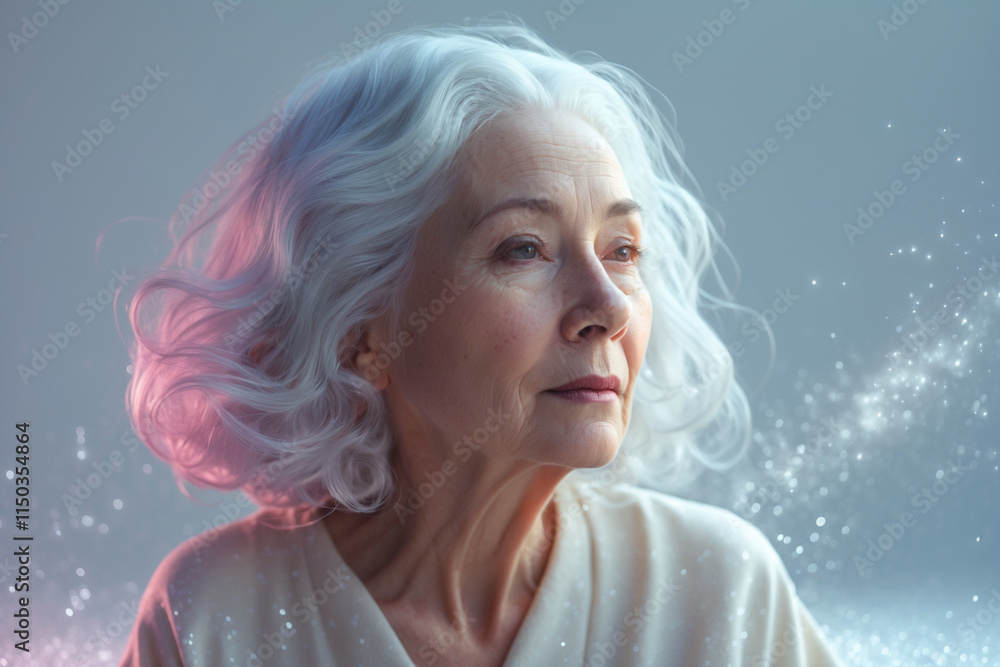 Fictional Elderly Woman with Luminous Silver Hair and Futuristic Dust Ethereal Glow Fictional Elderly Woman with Luminous Silver Hair and Futuristic Dust Ethereal Glow