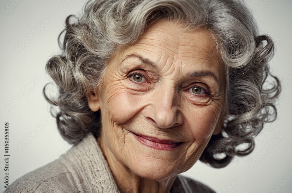 Fictional Elderly Woman with Silver-Gray Curls, Hazel Eyes, and Gentle Smile Fictional Elderly Woman with Silver-Gray Curls, Hazel Eyes, and Gentle Smile