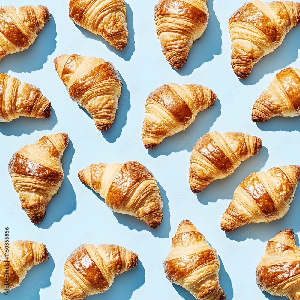 Delicious golden croissants forming appetizing food pattern background, generative AI. Delicious golden croissants forming appetizing food pattern background, generative AI.