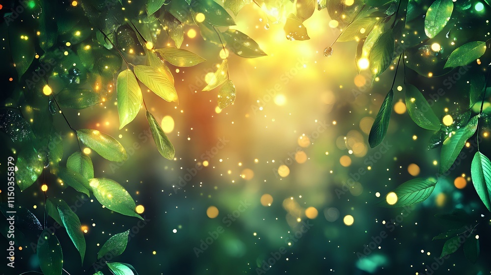Abstract forest background with ethereal amber and emerald tones, misty lights and sparkling dew drops forming a captivating bokeh effect Abstract forest background with ethereal amber and emerald tones, misty lights and sparkling dew drops forming a captivating bokeh effect