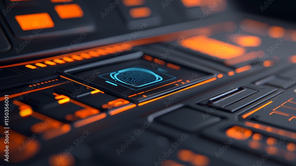 Obraz premium A futuristic interface with glowing orange elements, featuring a highlighted circular pattern, suggesting advanced technology and interface design.