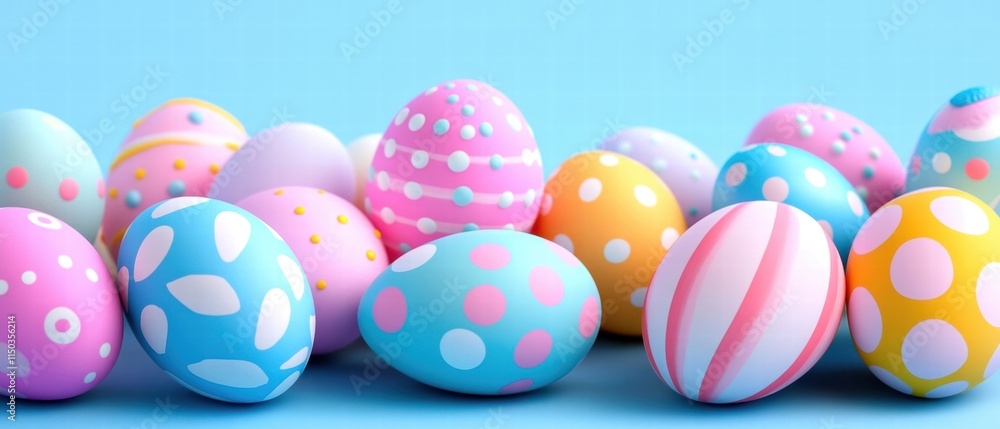 Colorful Easter eggs in various designs on a blue background, perfect for seasonal decorations and celebrations. Colorful Easter eggs in various designs on a blue background, perfect for seasonal decorations and celebrations.