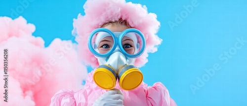 Person wearing a gas mask and costume against a blue background. photo