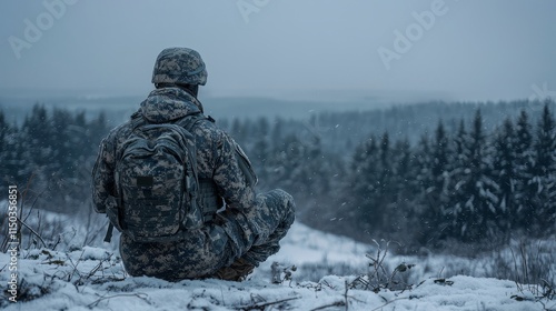 Soldier in Winter Landscape with Snowy Trees