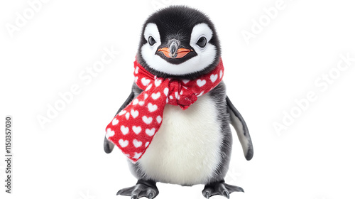 Cute penguin wearing a heart-patterned scarf, showing playful charm. photo