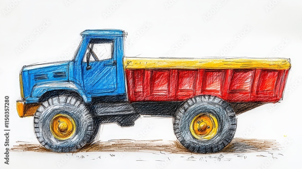 Fototapeta premium Colorful Sketch of a Vintage Dump Truck on a White Background