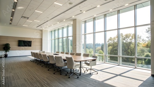 Wallpaper Mural Empty conference room with modern table and chairs, featuring minimalist interior design and natural lighting. Torontodigital.ca
