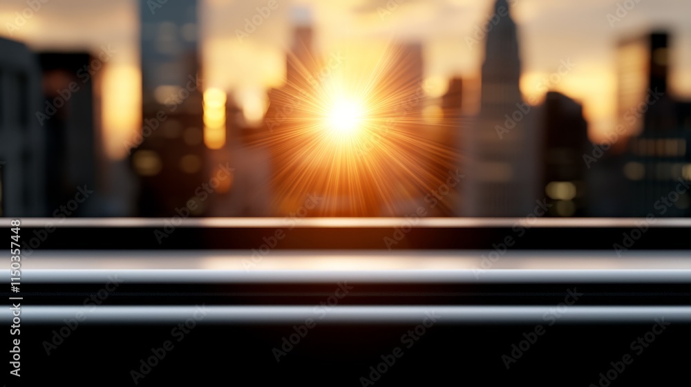 A view of a city skyline at sunset from a window A view of a city skyline at sunset from a window