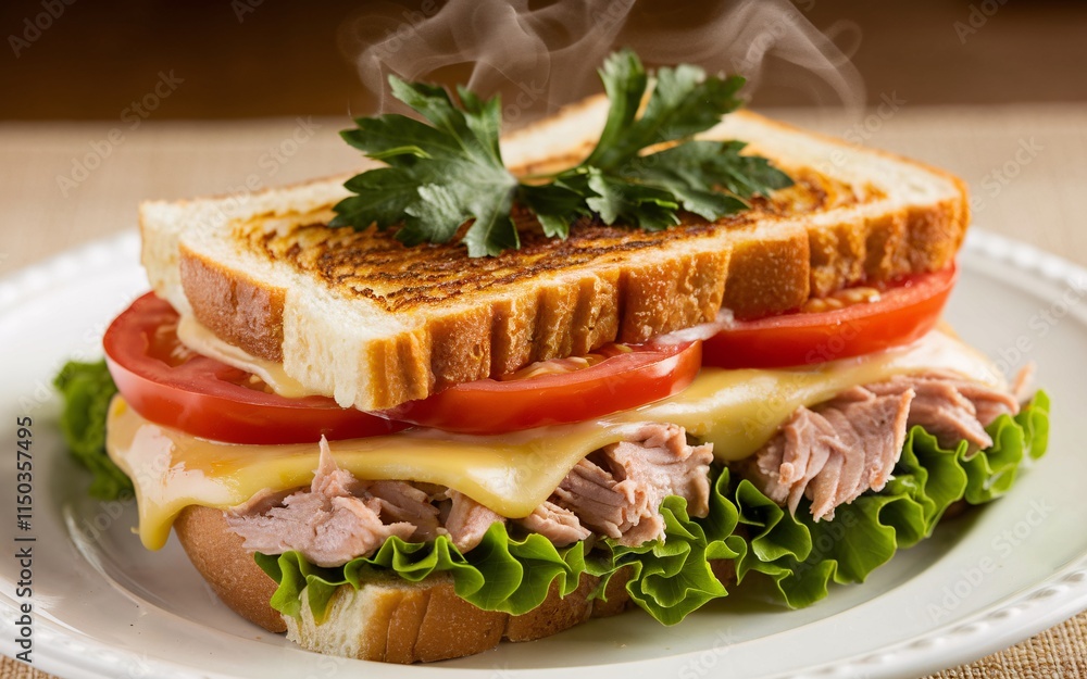 Tuna Melt Explosion, Grilled tuna melt sandwich with tomato and lettuce on a plate. Tuna Melt Explosion, Grilled tuna melt sandwich with tomato and lettuce on a plate.