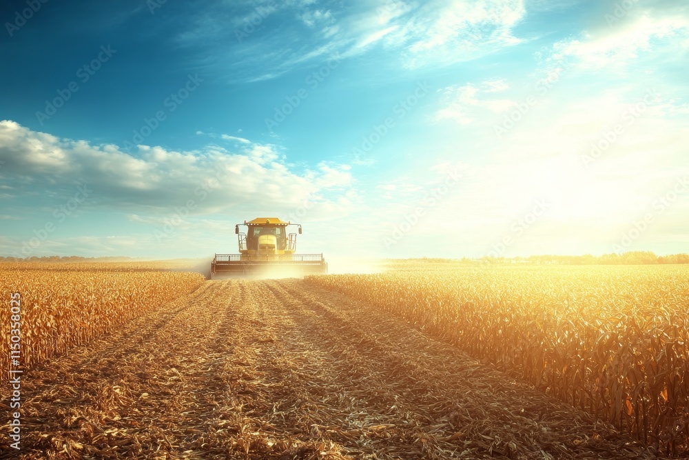 Fototapeta premium Harvesting Corn in a Golden Field Under the Bright Sky During Sunset, Showcasing Agriculture and Machinery in Action