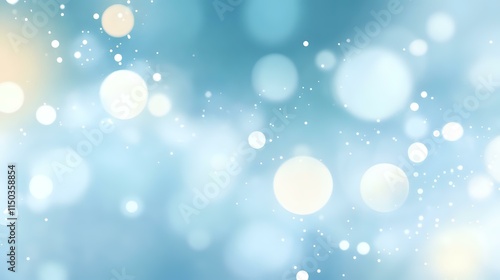 Abstract snowy night background with pale blue and white tones, scattered light specks and a glowing bokeh effect