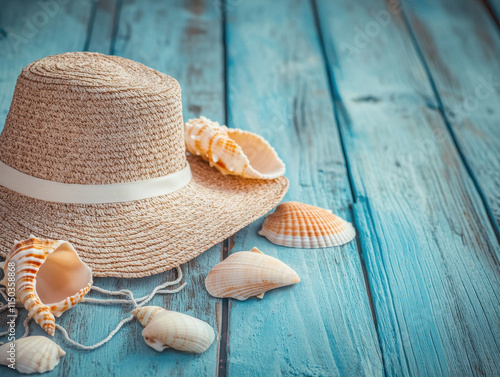 Beach accessories including a straw hat, seashells, and a starfish on distressed wooden surface photo