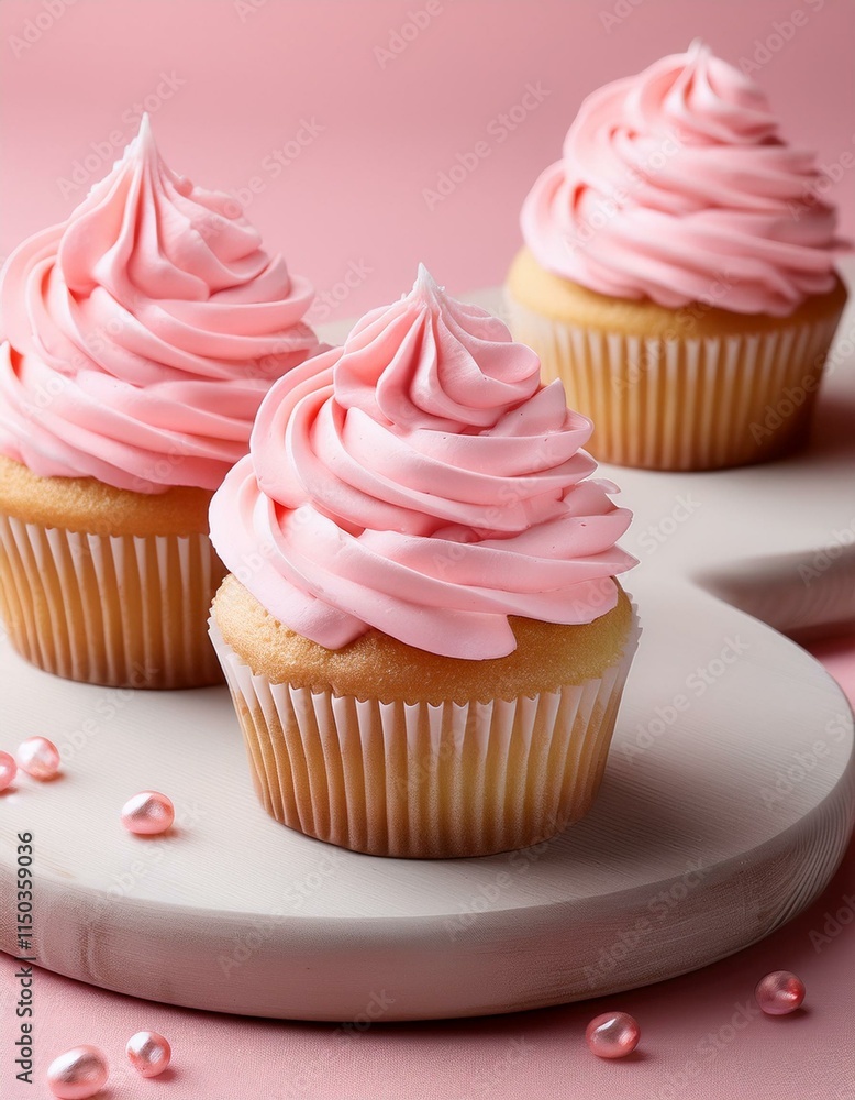 Generated image Delicate vanilla cupcakes topped with generous pink frosting swirls, set against a soft pastel background Generated image Delicate vanilla cupcakes topped with generous pink frosting swirls, set against a soft pastel background