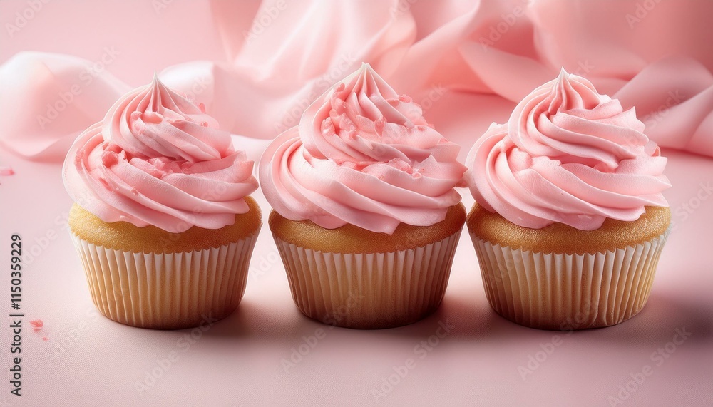Generated image Delicate vanilla cupcakes topped with generous pink frosting swirls, set against a soft pastel background Generated image Delicate vanilla cupcakes topped with generous pink frosting swirls, set against a soft pastel background