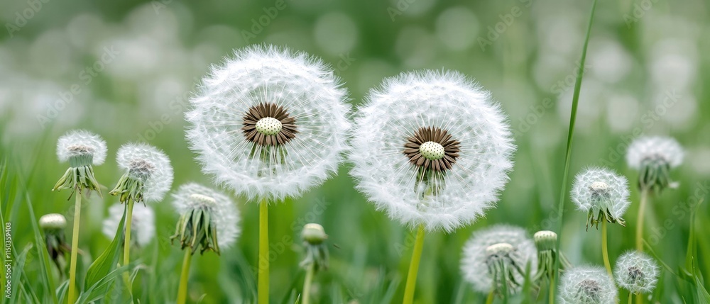 Two dandelion flowers in a lush green field showcasing intricate details. Two dandelion flowers in a lush green field showcasing intricate details.