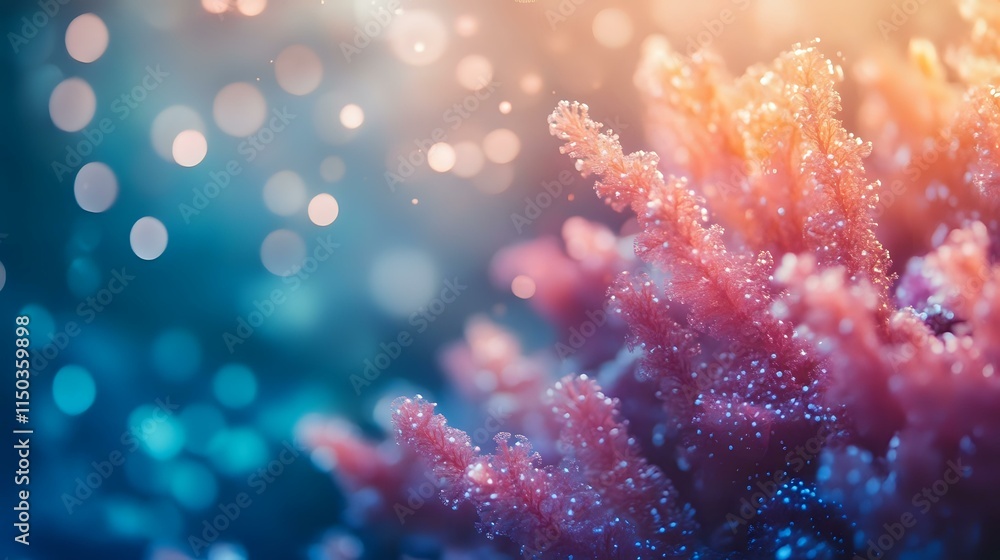 Fototapeta premium Abstract underwater reef background with vivid coral tones, glowing bubbles and soft dappled sunlight forming a bokeh pattern