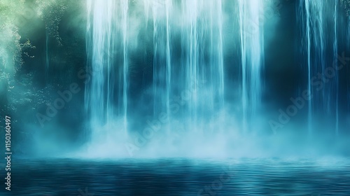 Fototapeta Naklejka Na Ścianę i Meble -  Abstract waterfall background with soft blue and green gradients, shimmering mist and glowing bokeh-like textures