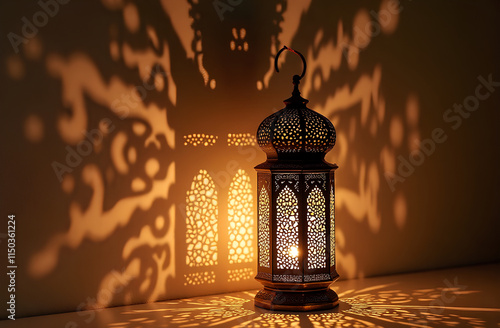 Ornate Moroccan Lantern Casting Intricate Shadows on a Textured Wall photo