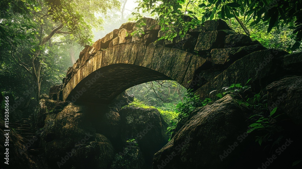 A bridge made of large stones, spanning a steep cliff in the heart of the forest background wallpaper AI generated image A bridge made of large stones, spanning a steep cliff in the heart of the forest background wallpaper AI generated image