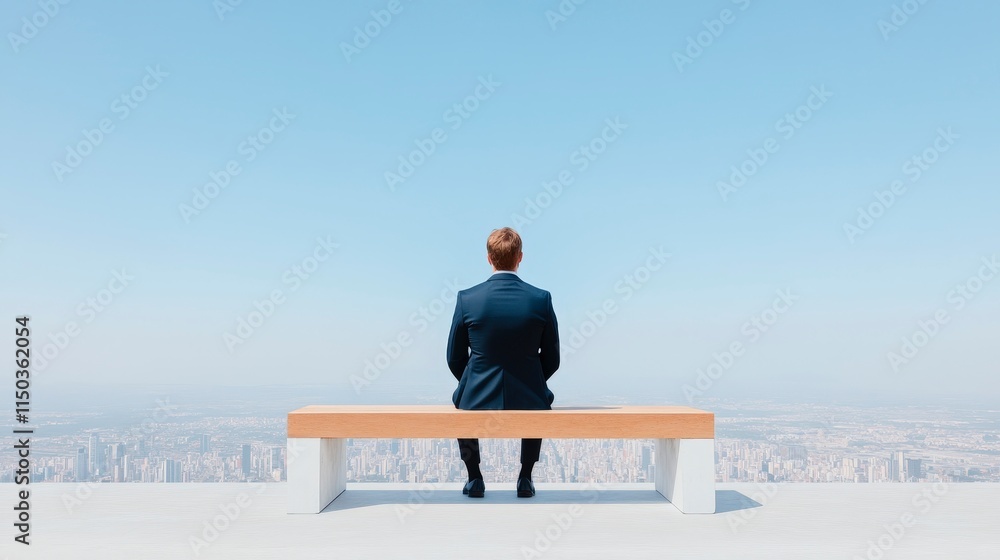 Man in Suit Sitting on Bench Overlooking City Skyline Horizon Man in Suit Sitting on Bench Overlooking City Skyline Horizon