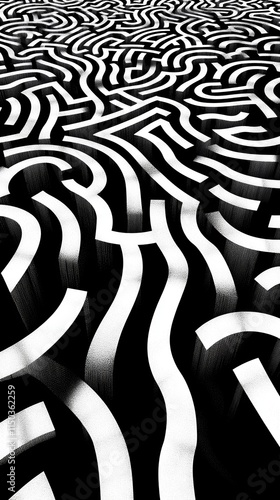 Abstract black and white maze pattern design.