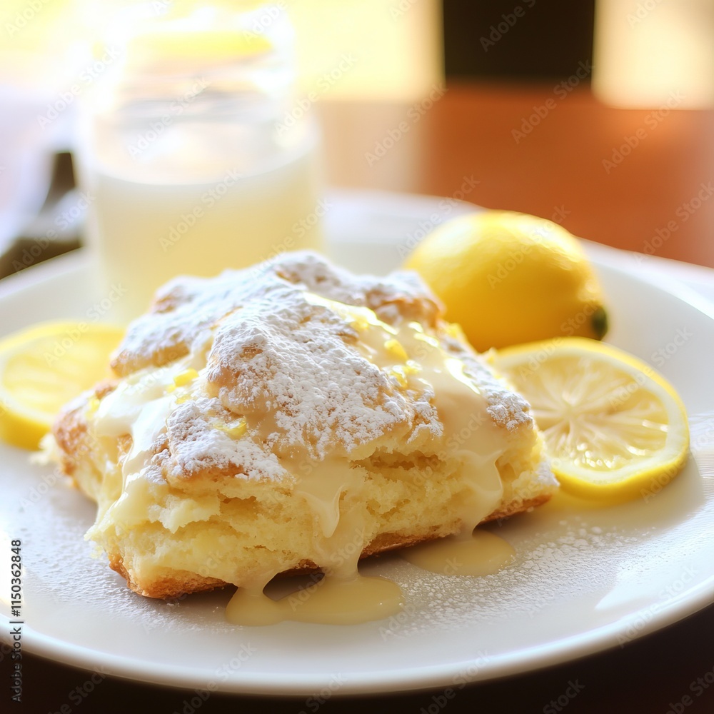 A delicious and fluffy lemon scone with a golden crust and a lemon glaze, served on a white plate, Lemon scone centered A delicious and fluffy lemon scone with a golden crust and a lemon glaze, served on a white plate, Lemon scone centered