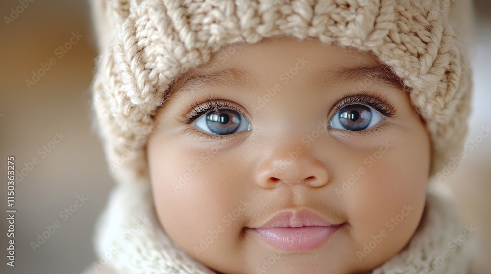 A close up of a baby wearing a knitted hat A close up of a baby wearing a knitted hat