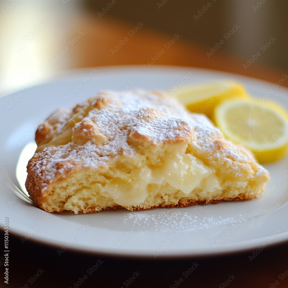 A delicious and fluffy lemon scone with a golden crust and a lemon glaze, served on a white plate, Lemon scone centered A delicious and fluffy lemon scone with a golden crust and a lemon glaze, served on a white plate, Lemon scone centered