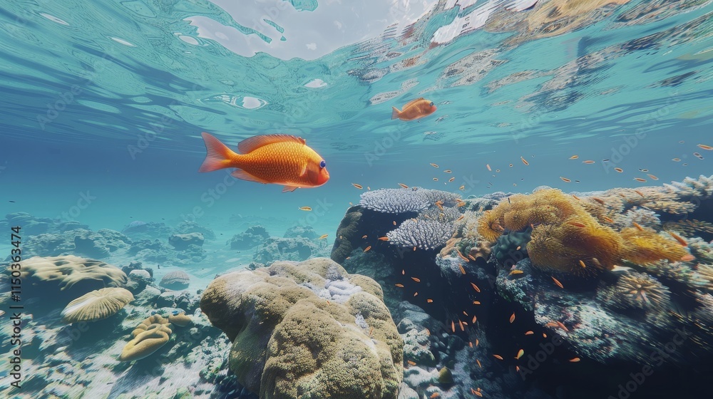 Fototapeta premium Lively orange fish gracefully swimming above a vibrant coral reef in clear turquoise waters