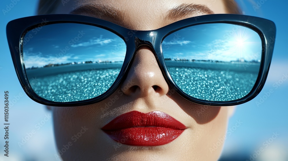 A woman wearing a pair of sunglasses with a blue sky in the background A woman wearing a pair of sunglasses with a blue sky in the background