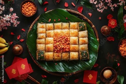 platter of Banh Chung tiles, surrounded by festive decorations for the Vietnamese Lunar New Year