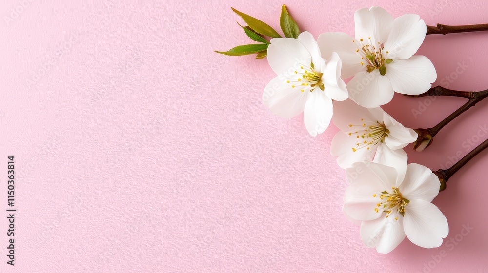 A branch with white flowers on a pink background