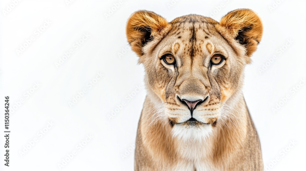 Fototapeta premium Close-up portrait of a lioness against a white background.