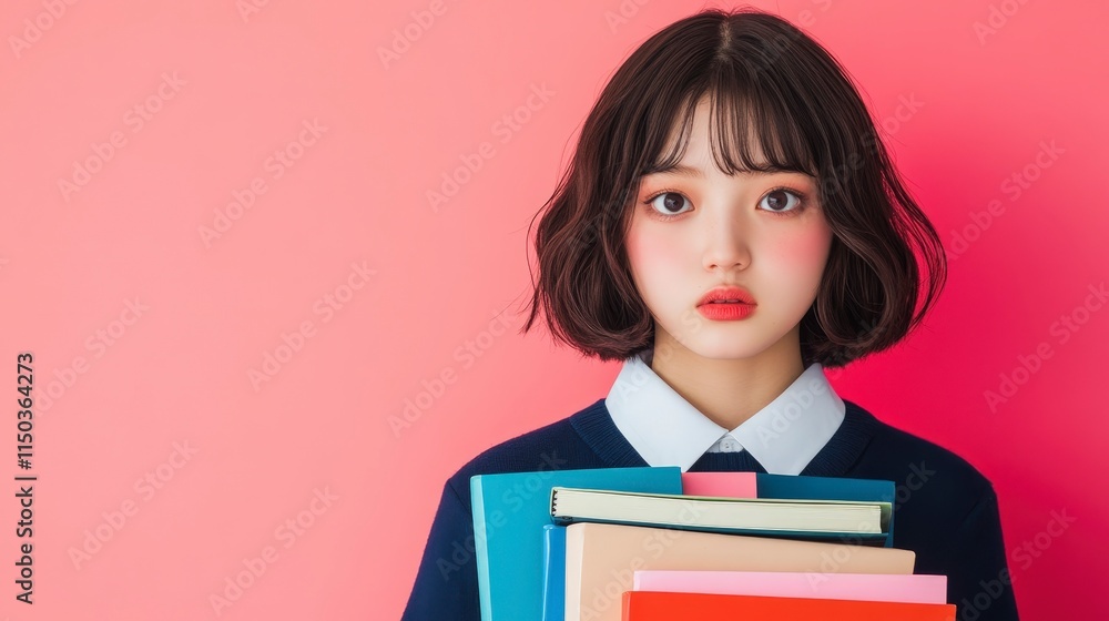 Young Woman Holding Books with Pink Background and Soft Expression Young Woman Holding Books with Pink Background and Soft Expression
